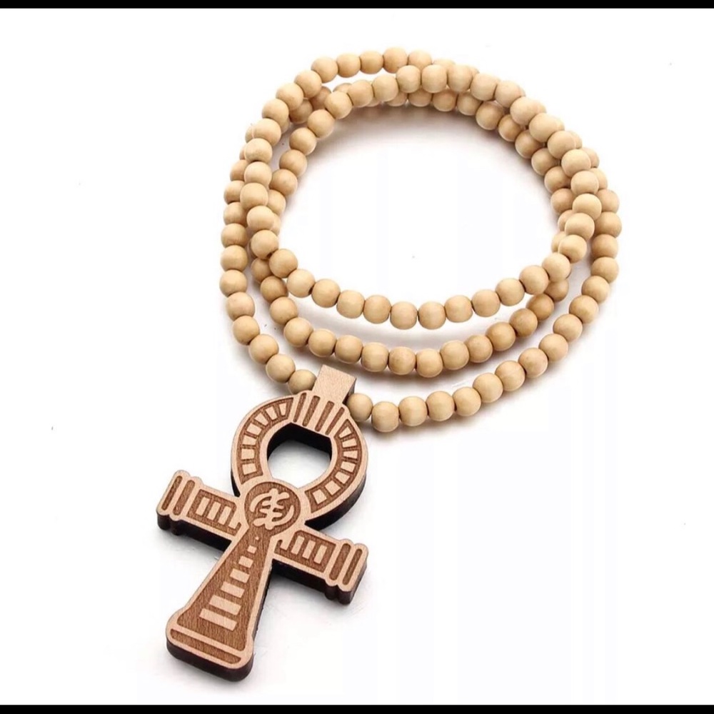 Ankh and Adinkra Wood Beaded Necklace